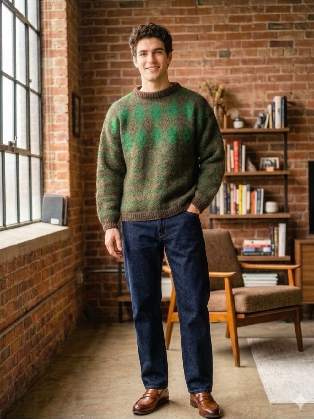 Vintage Handmade Tweed Stua Norwegian Green Argyle Wool Crewneck Preppy Sweater